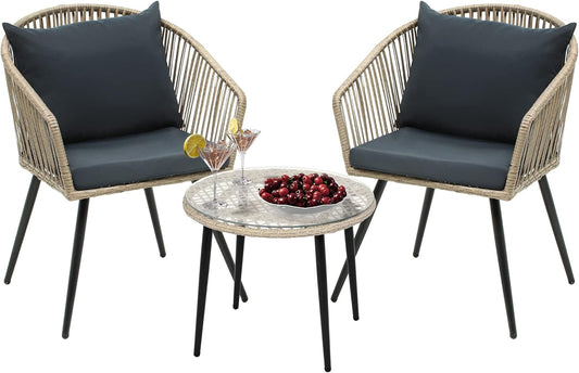 YITAHOME 3-Piece Outdoor Patio Furniture Wicker Bistro Set, All-Weather Rattan Conversation Chairs for Backyard, Balcony and Deck with Soft Cushions, Glass Side Table, Gray Rattan