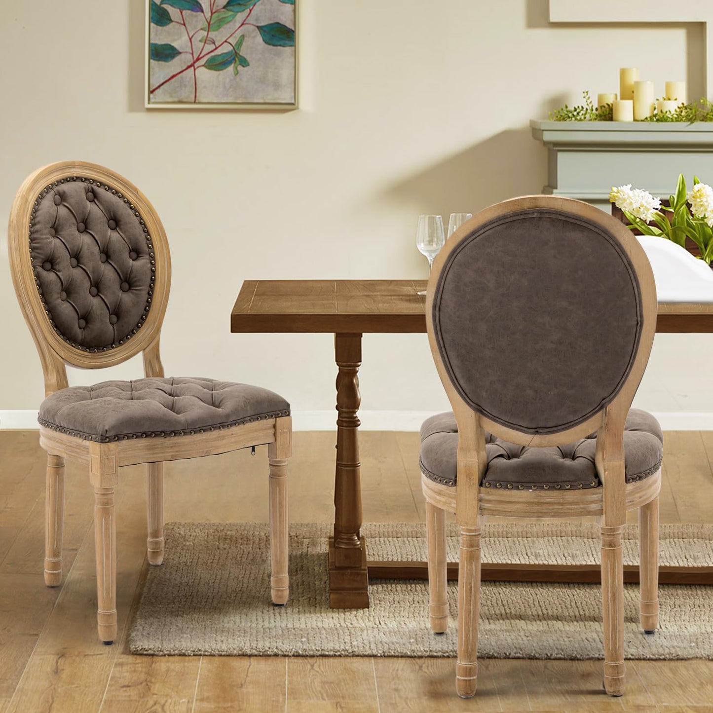 Rattan Dining Chairs Set of 4, French Country Cane Back Upholstered Kitchen Chairs, Solid Wood Farmhouse Side Chairs, Beige