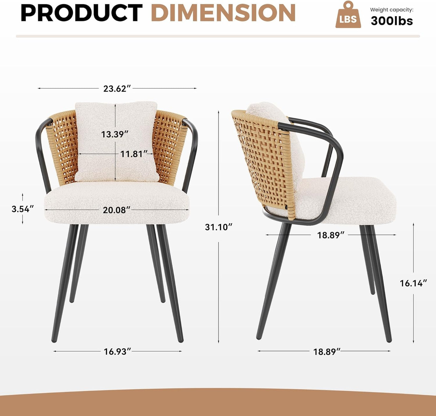 Rattan Dining Chairs Set of 2, Upholstered Kitchen Chair with Metal Legs, Ergonomic Curved Backrest, Mid Century Modern Living Room Chairs with Throw Pillow, Natural