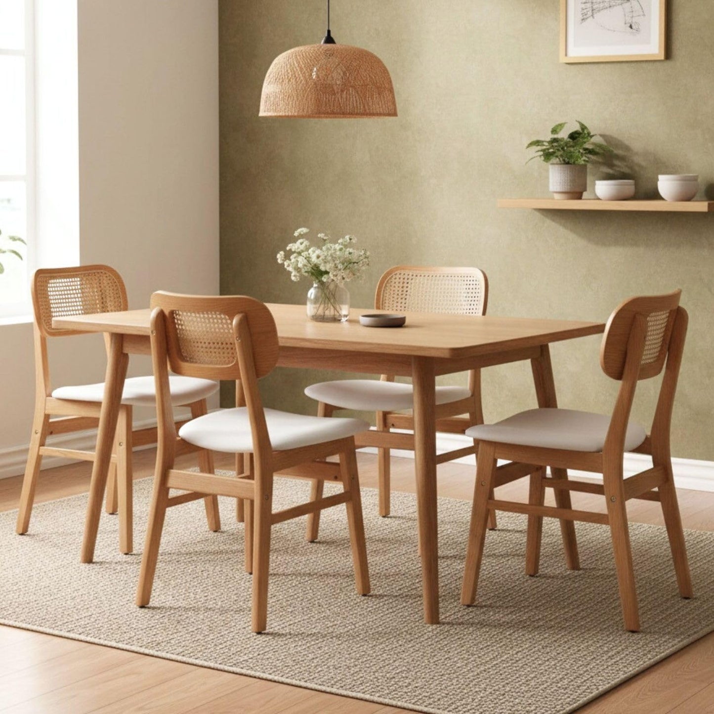 ROCITY Rattan Dining Chairs Set of 2 Beige Linen Fabric Dining Room Chairs Natural Wooden Kitchen Chairs Farmhouse Boho