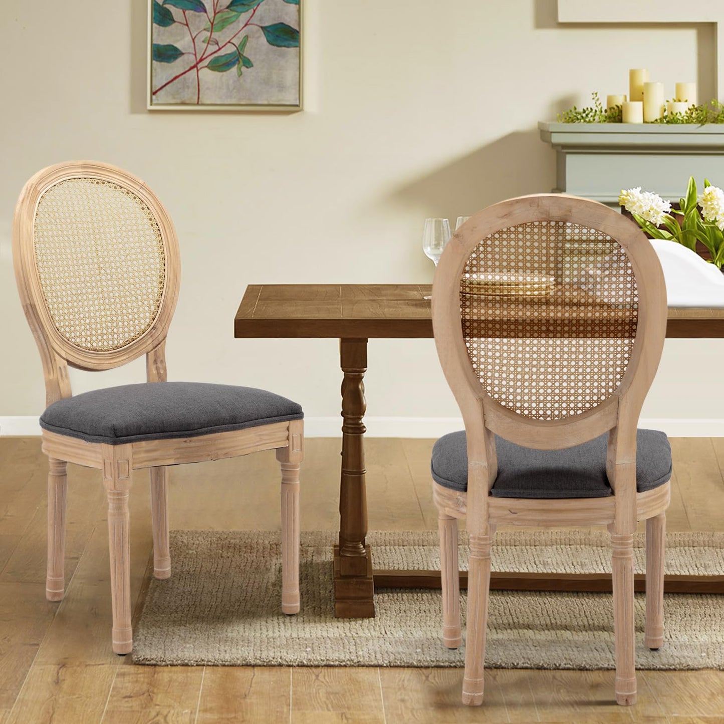 Rattan Dining Chairs Set of 4, French Country Cane Back Upholstered Kitchen Chairs, Solid Wood Farmhouse Side Chairs, Beige