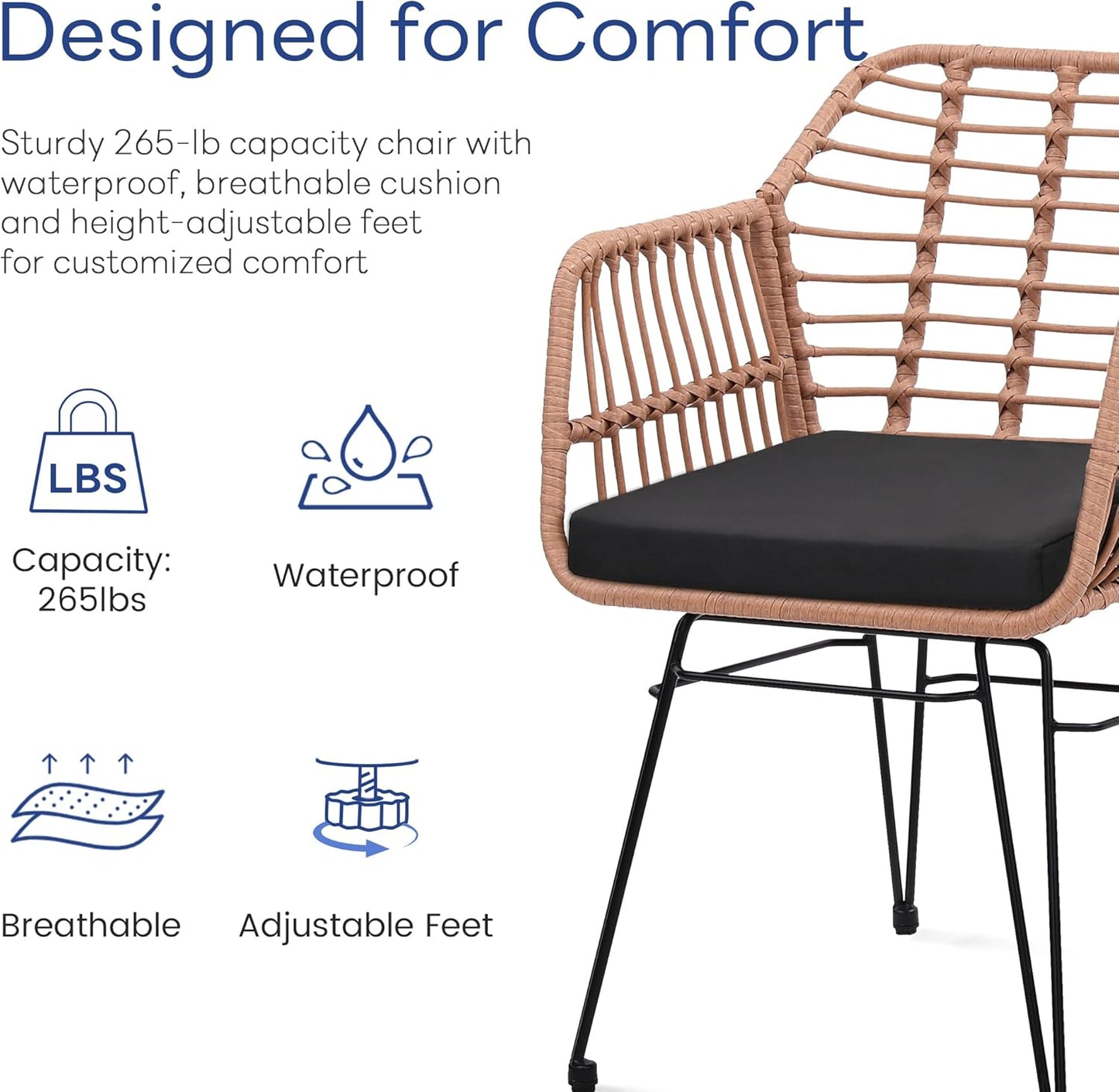 KROFEM 3 Piece Wicker Patio Bistro Furniture Set, Includes 2 Rattan Chairs and Glass Top Table, Ideal for Porch, Outdoor, Backyard, Apartment, Balcony, Natural