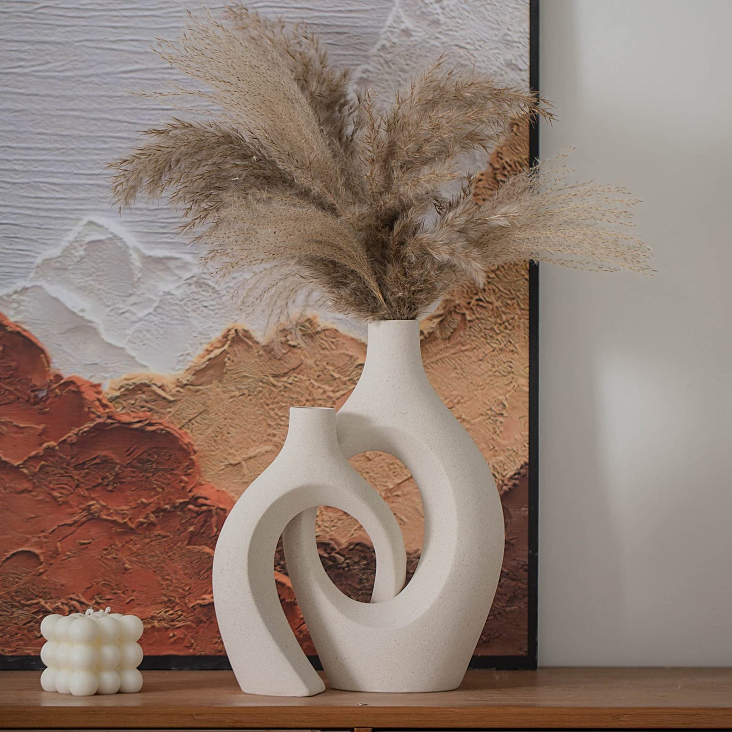 Levvohd Hollow Ceramic Vase Set of 2, Modern Nordic Minimalist Book Style Boho Aesthetic Vases for Home Decor Living Room Shelf Entryway Coffee Centerpiece Table Decorative (Cream White)