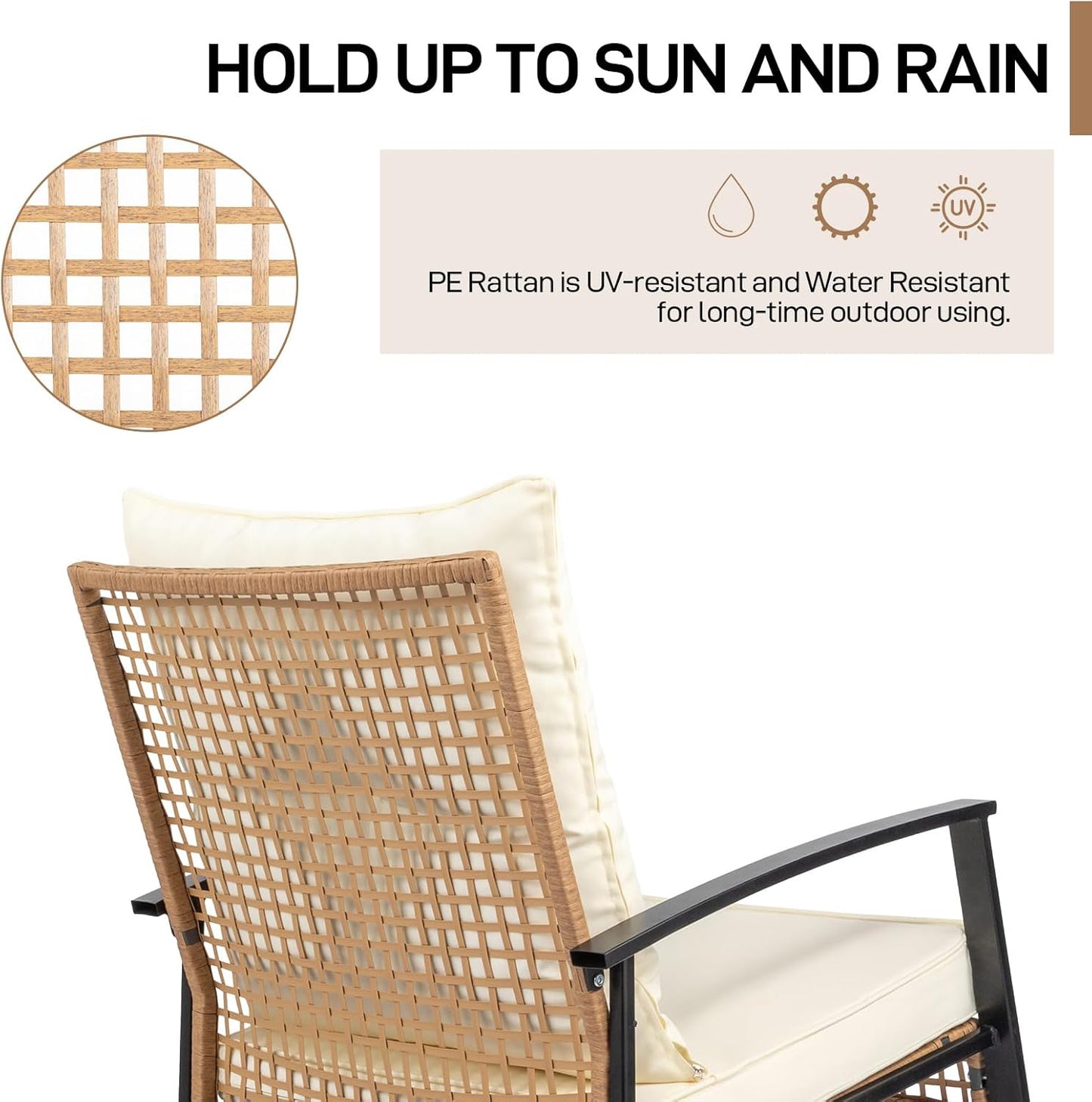Outvita 3-Piece Outdoor Rocking Bistro Set, Patio Furniture Set w/Soft Thick Cushions & 2-Tier Coffee Table, Rattan Conversation Wicker Rocking Chairs for Garden, Balcony, Backyard, Poolside