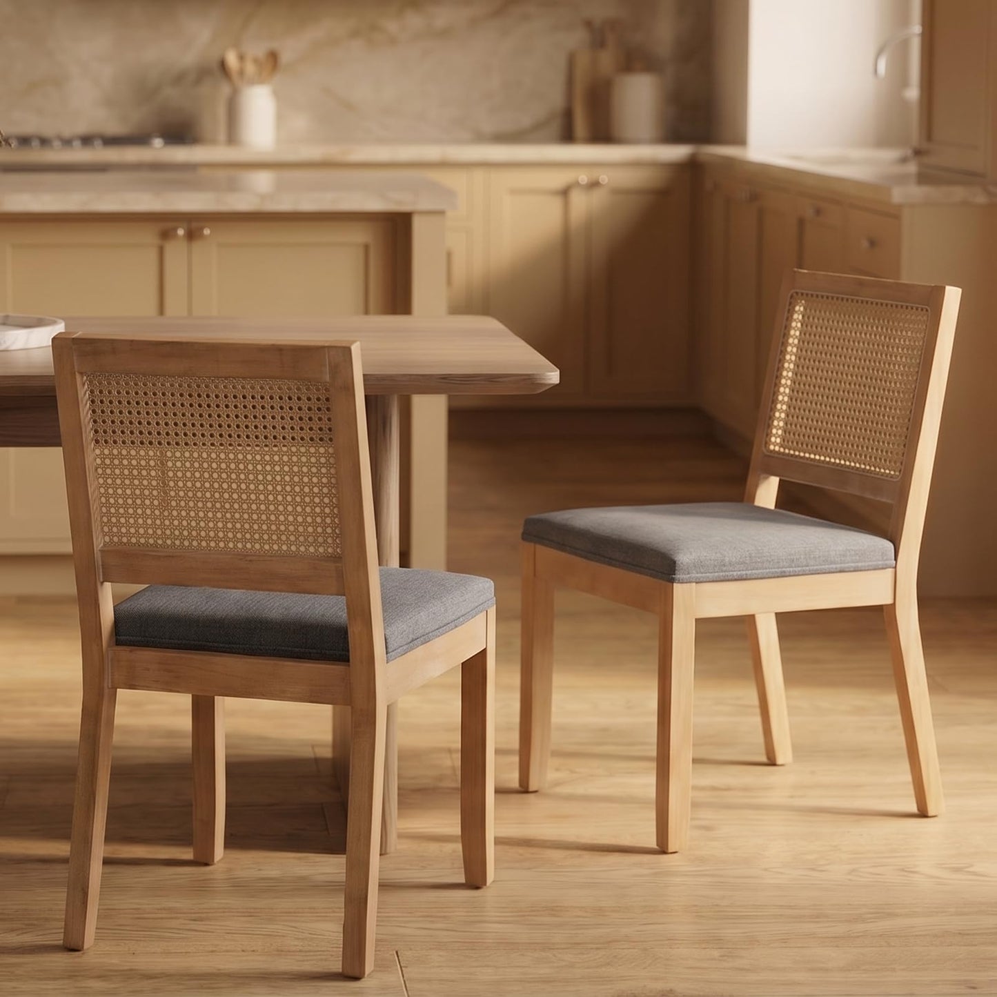 Farmhouse Dining Chairs Set of 4, French Country Woven Kitchen & Dining Room Chairs, Boho Woven Back Linen Upholstered Kitchen Chair, Solid Wood Frame, Sillas de Comedor (Beige, Woven, 4 Pcs)
