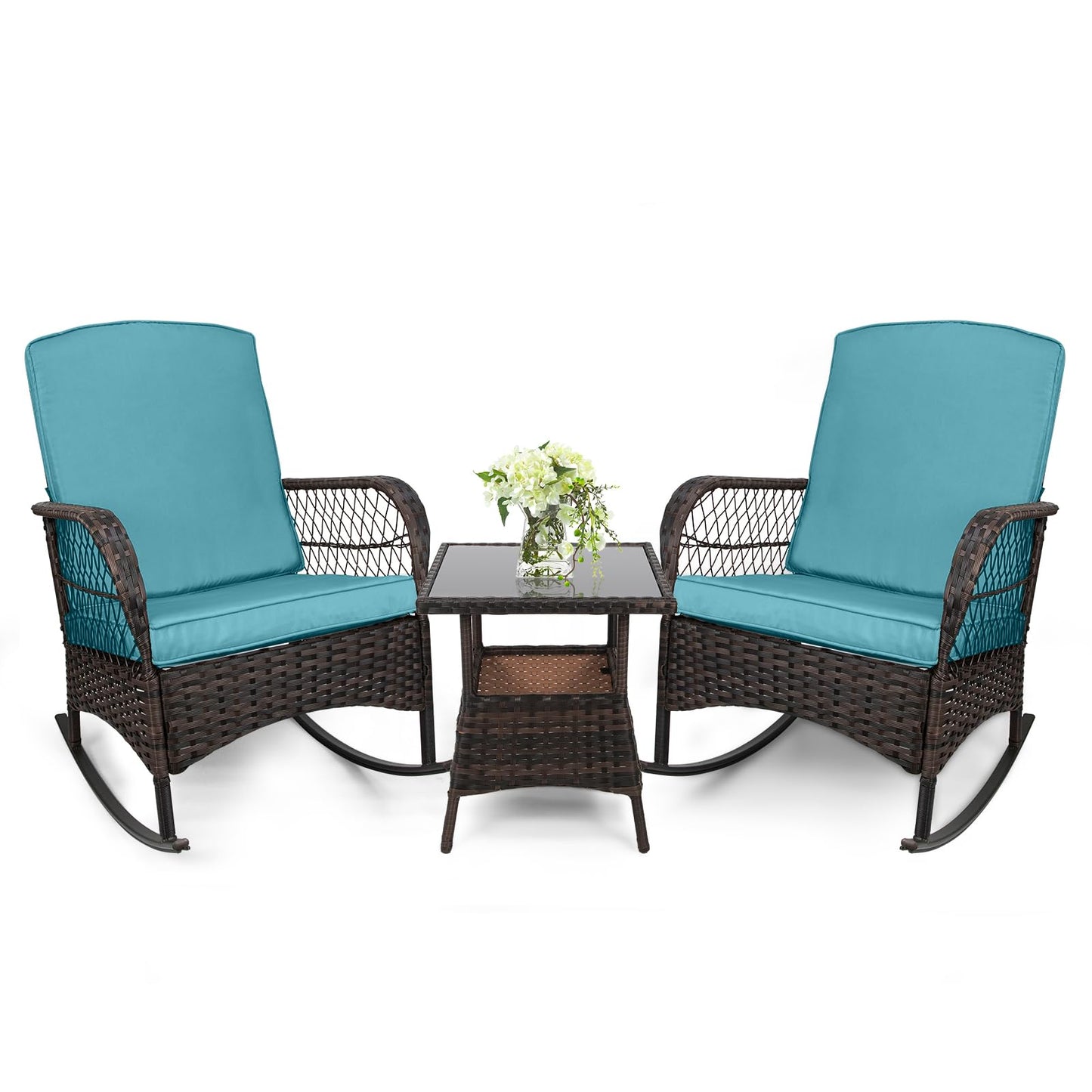 LEVELEVE 3 pcs Rocking Bistro Set Conversation Chairs PE Wicker Outdoor Rocking Chairs(Rocking Set,Sand)