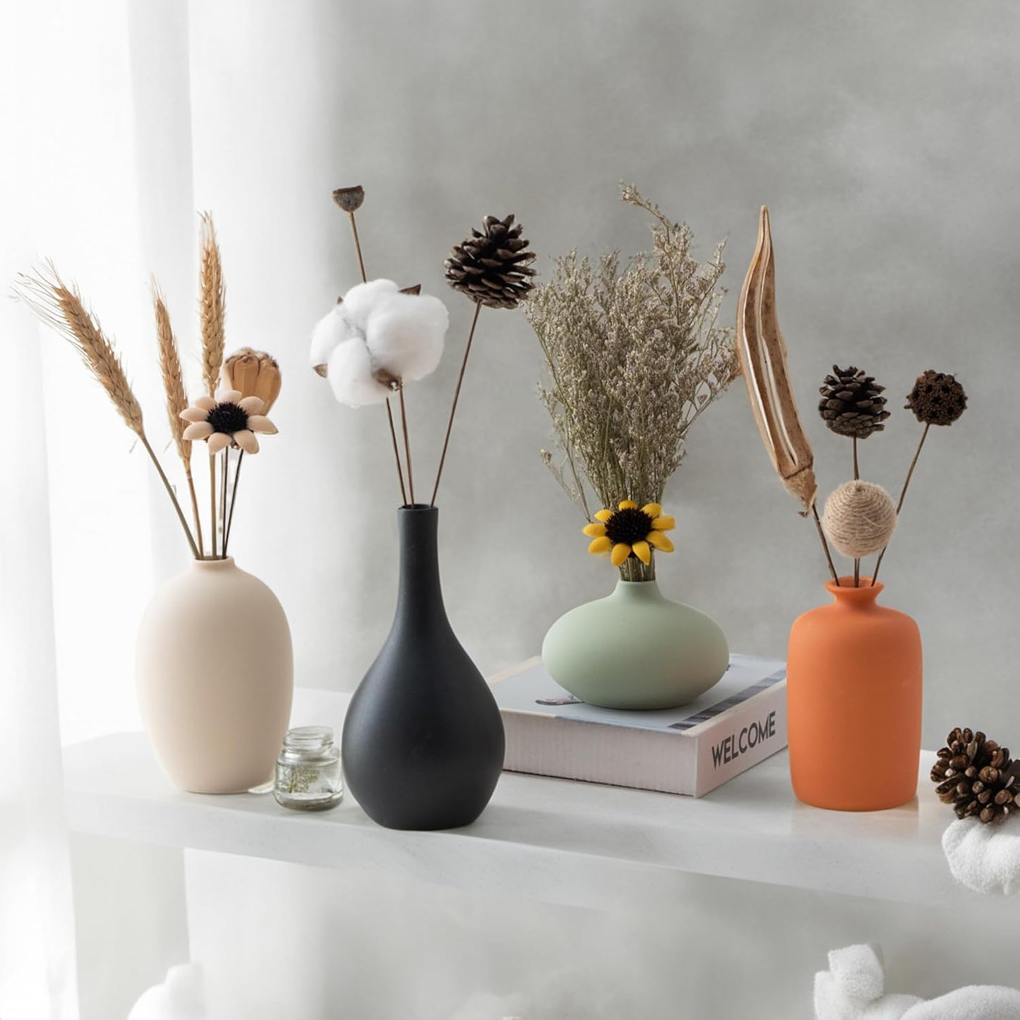 Ceramic Vase Set of 4 for Modern Home Decor Minimalist Bohemian,Round Matte Vases for Dried Flowers&Pampas Grass Ceramic Decoration for Office,Shelf,Living Room,Bedroom,Entryway Decor