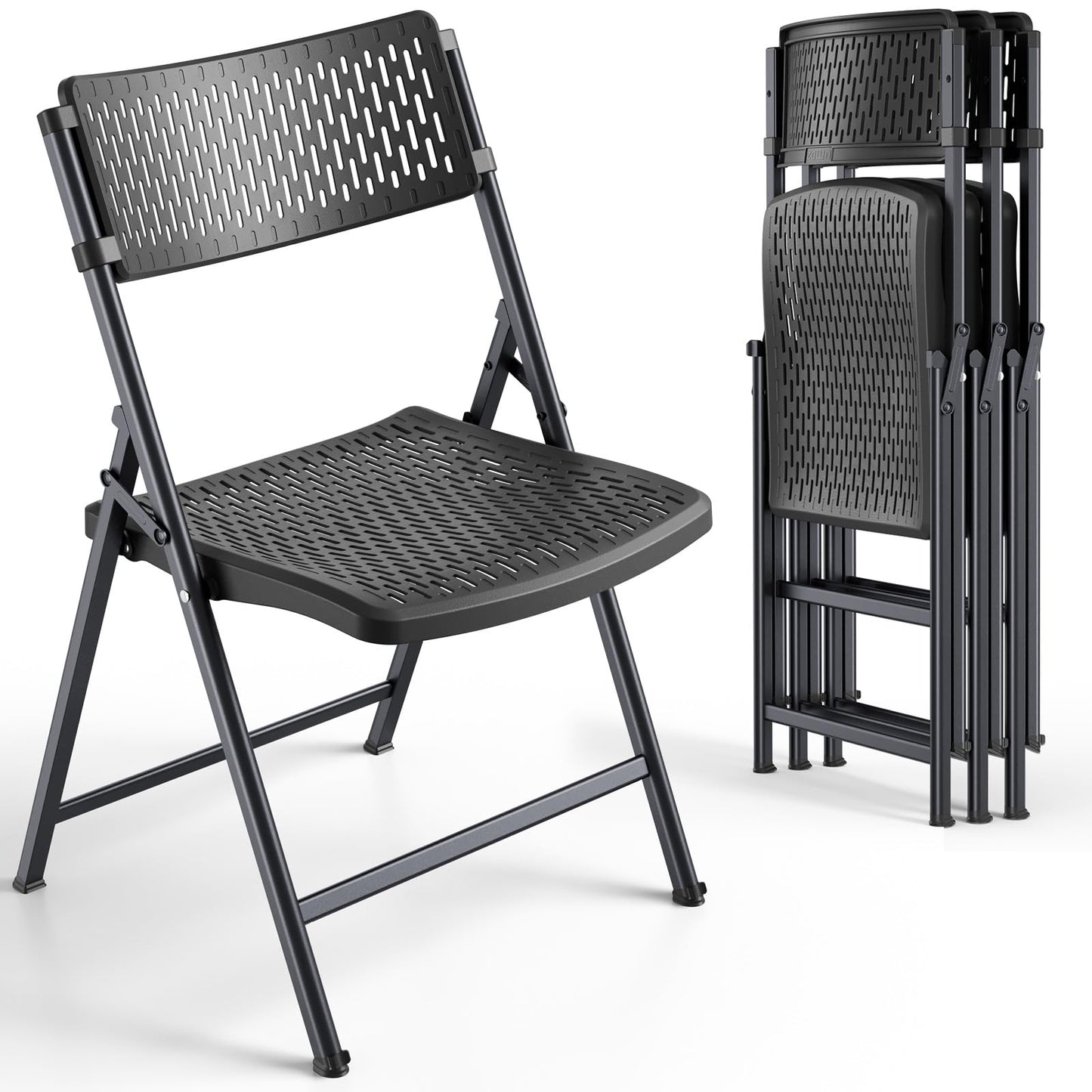 Black Folding Chairs 4-Pack, Breathable Plastic for Card Tables & Indoor Outdoor, Easy-Clean & Supports 400 Lbs