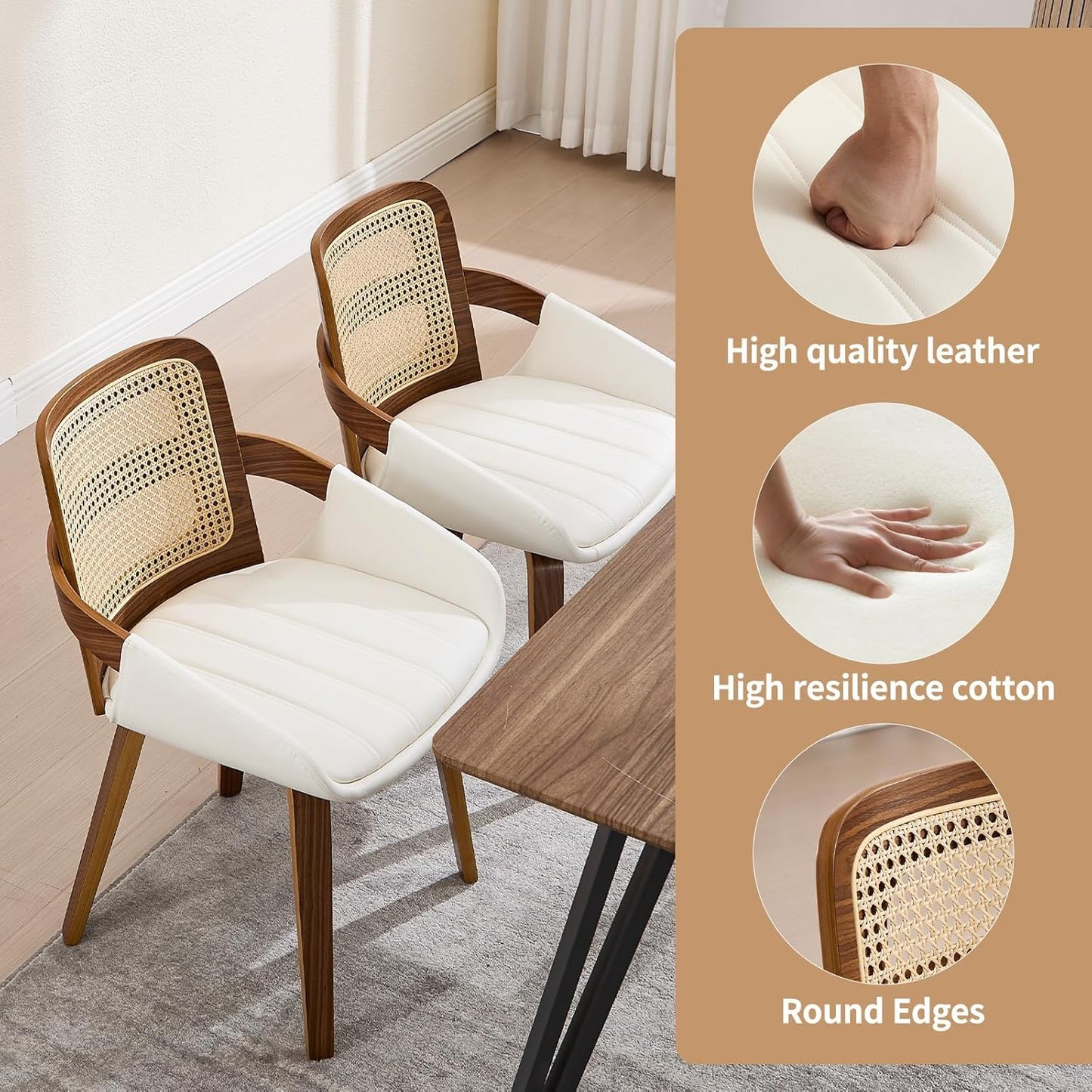 VipDesk Dining Chairs Set of 2, Mid Century Modern Dining Room Chairs with Arms and Rattan Back PU Leather Upholstered Bentwood Kitchen Chairs for Home Restaurant Office - Beige