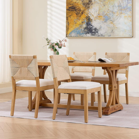 French Country Dining Chairs Set of 6, Ivory Boho Style Woven Back Kitchen Chairs, Linen Upholstered Seats with Wood Legs for Kitchen & Dining Room, Sillas de Comedor (Beige, 6Pcs)