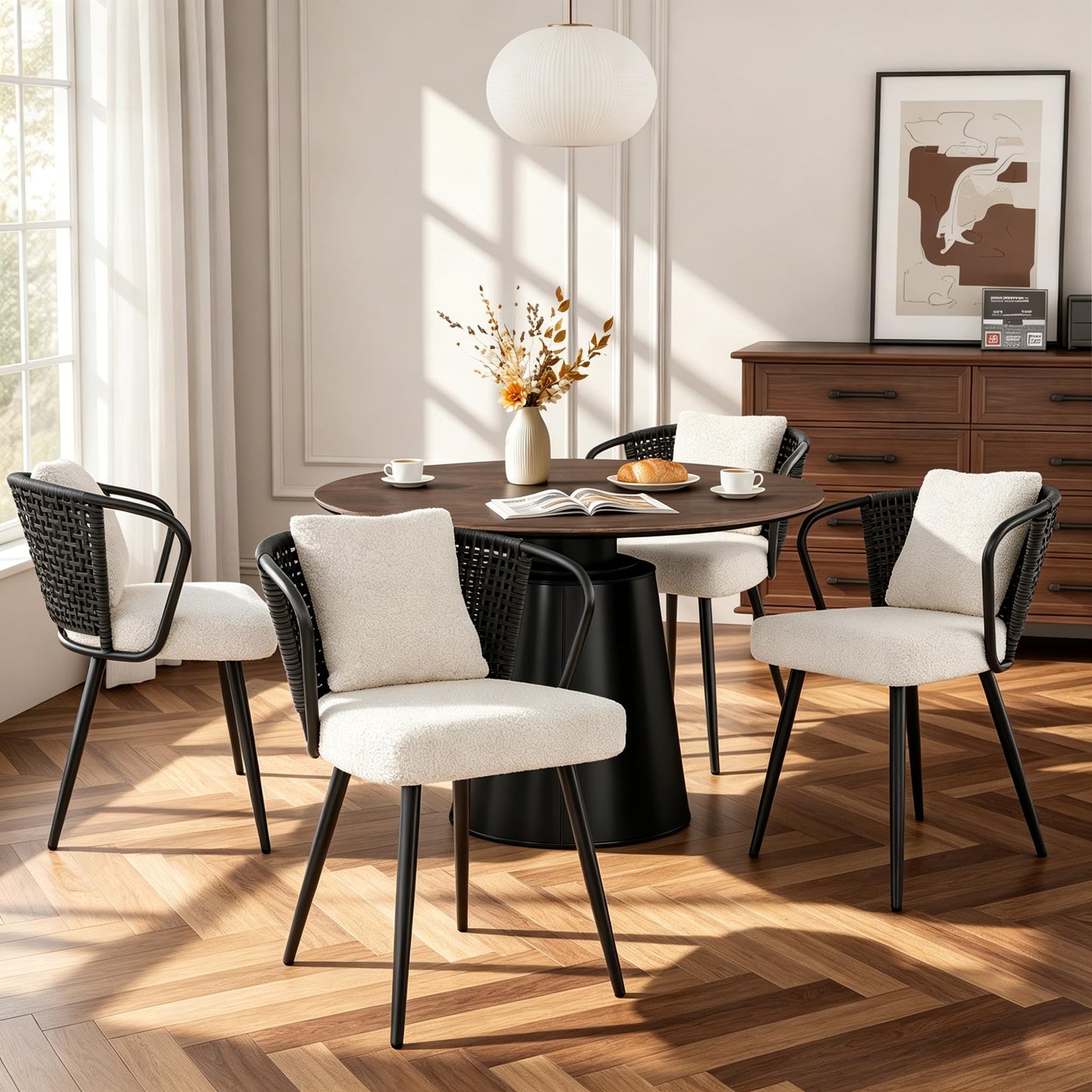 Rattan Dining Chairs Set of 2, Upholstered Kitchen Chair with Metal Legs, Ergonomic Curved Backrest, Mid Century Modern Living Room Chairs with Throw Pillow, Natural
