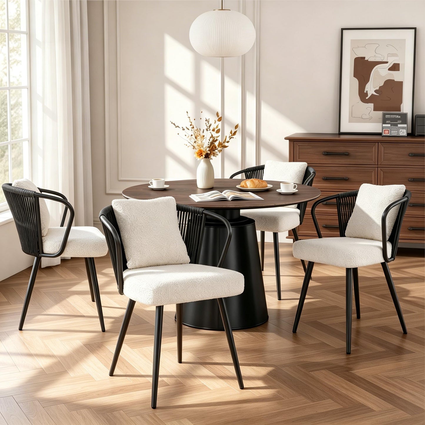 Rattan Dining Chairs Set of 2, Upholstered Kitchen Chair with Metal Legs, Ergonomic Curved Backrest, Mid Century Modern Living Room Chairs with Throw Pillow, Natural