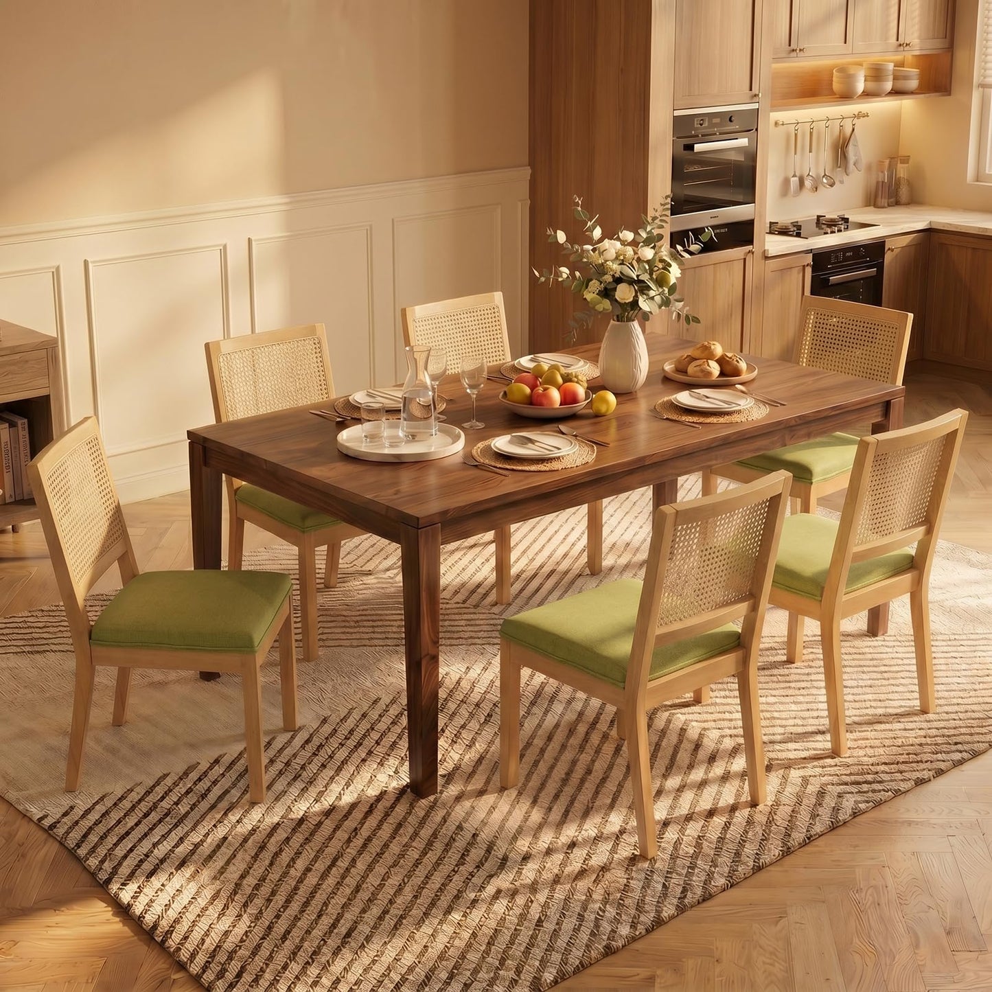 Farmhouse Dining Chairs Set of 4, French Country Woven Kitchen & Dining Room Chairs, Boho Woven Back Linen Upholstered Kitchen Chair, Solid Wood Frame, Sillas de Comedor (Beige, Woven, 4 Pcs)
