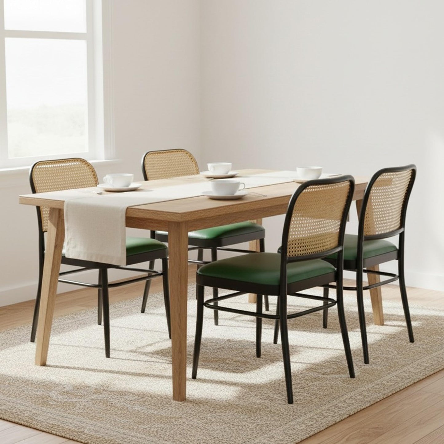 Rattan Dining Chairs Set of 4, Upholstered Faux Leather Dining Chairs with Cane Back, Mid Century Modern Kitchen & Dining Room Chairs, Boho Style, Black