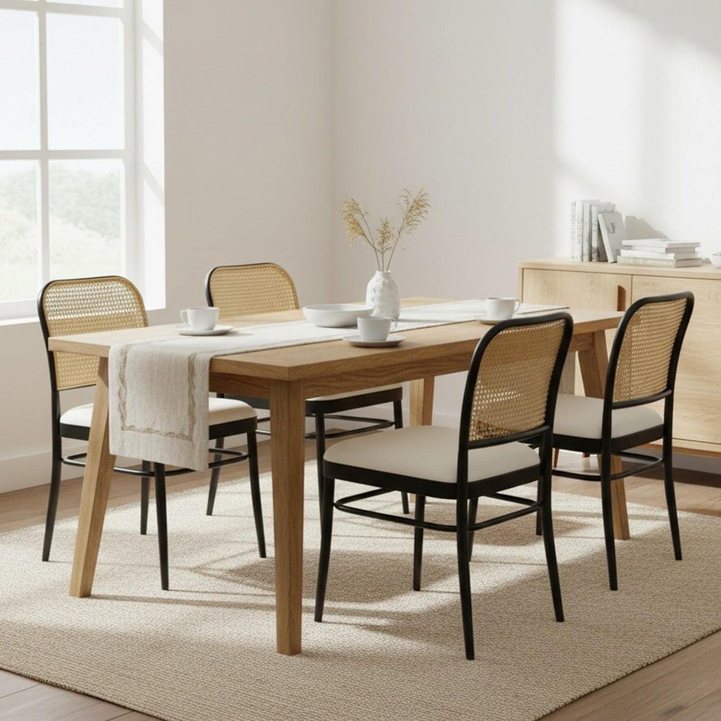 Rattan Dining Chairs Set of 4, Upholstered Faux Leather Dining Chairs with Cane Back, Mid Century Modern Kitchen & Dining Room Chairs, Boho Style, Black