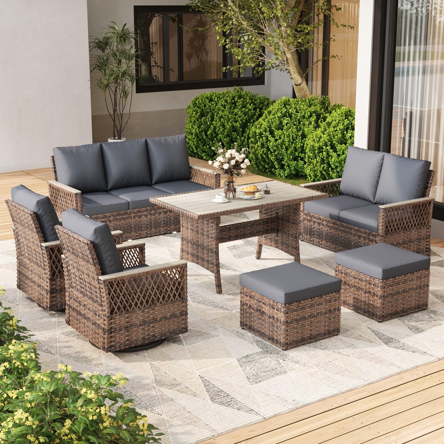 MELLCOM 3 Pieces Patio Bistro Set, Outdoor Wicker Chairs with Side Table, All-Weather Patio Furniture Set with Water-Resistant Cushions and High Back for Garden, Backyard