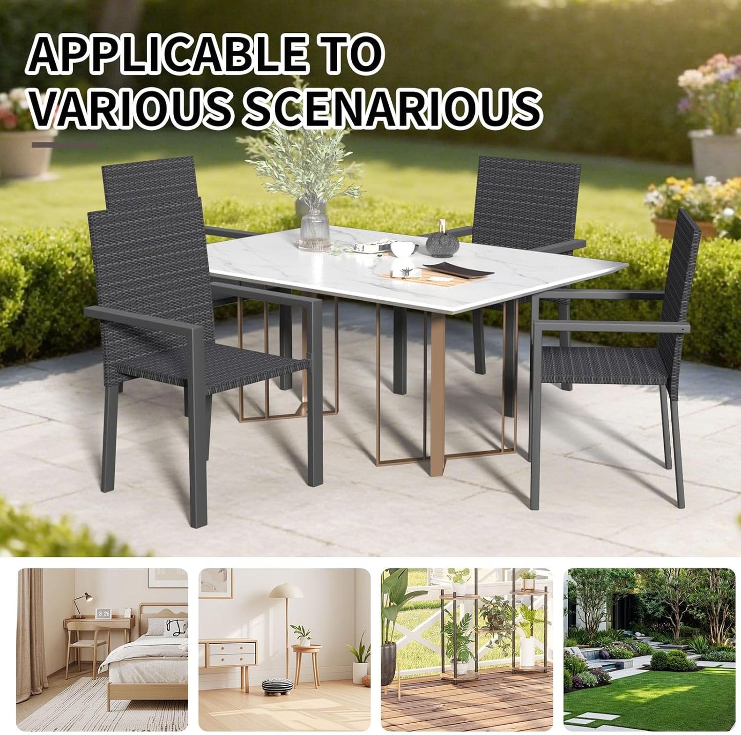 Stackable Patio Chairs Set of 4, Wicker Outdoor Dining Chair, All-Weather Rattan Patio Dining Sets with Deep Seat for Patio, Garden, Lawn, Firepit, Black