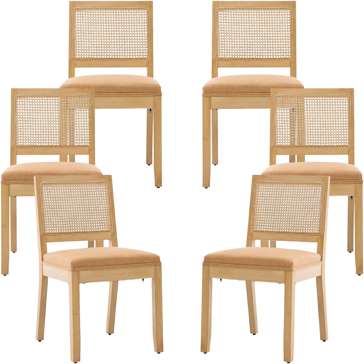 French Country Dining Chairs Set of 6, Ivory Boho Style Woven Back Kitchen Chairs, Linen Upholstered Seats with Wood Legs for Kitchen & Dining Room, Sillas de Comedor (Beige, 6Pcs)