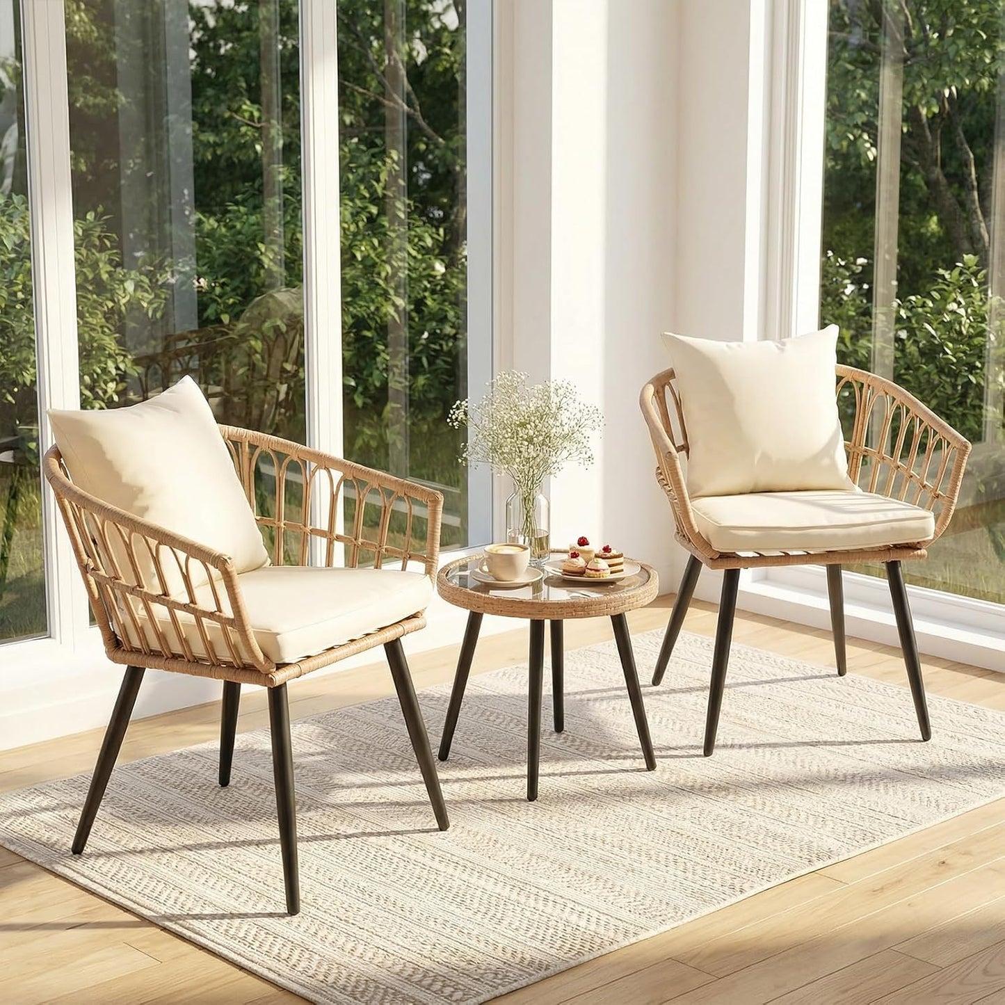 3-Piece Beige Wicker Bistro Set All-Weather Outdoor Patio Furniture
