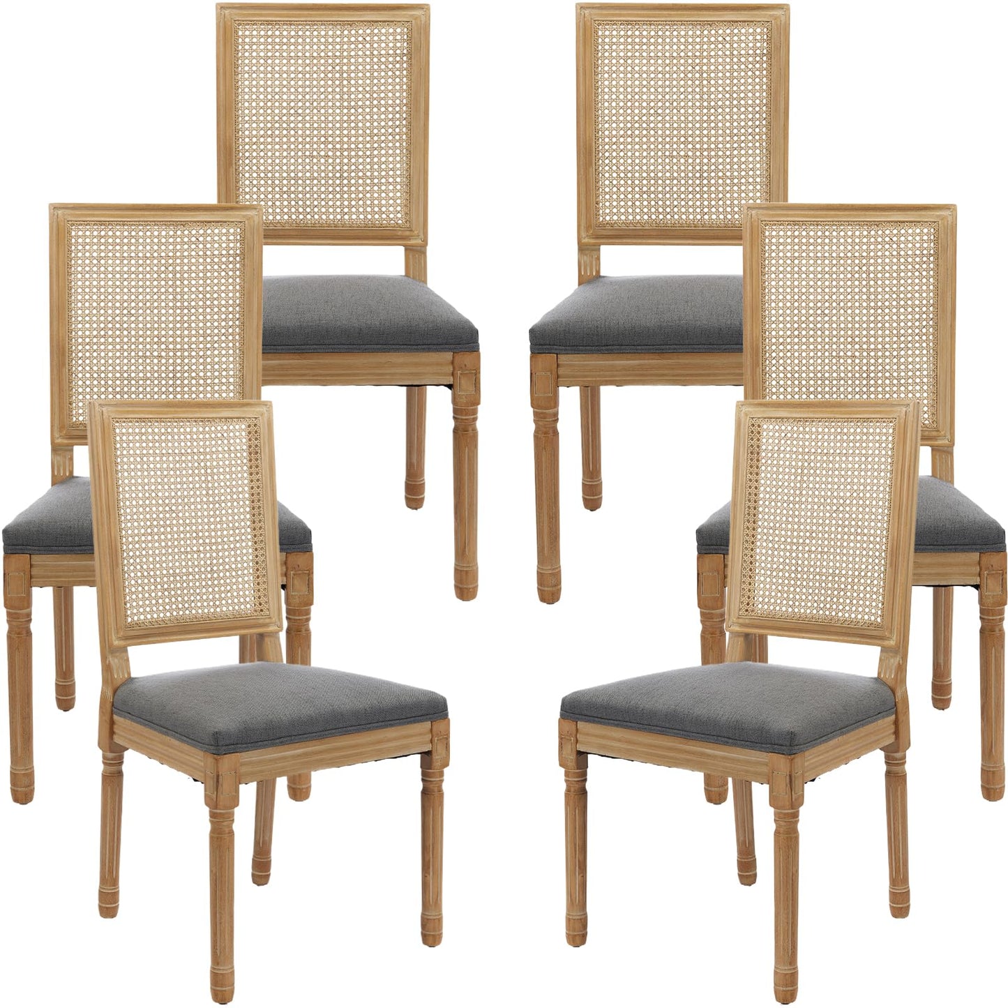 French Country Dining Chairs Set of 6, Ivory Boho Style Woven Back Kitchen Chairs, Linen Upholstered Seats with Wood Legs for Kitchen & Dining Room, Sillas de Comedor (Beige, 6Pcs)