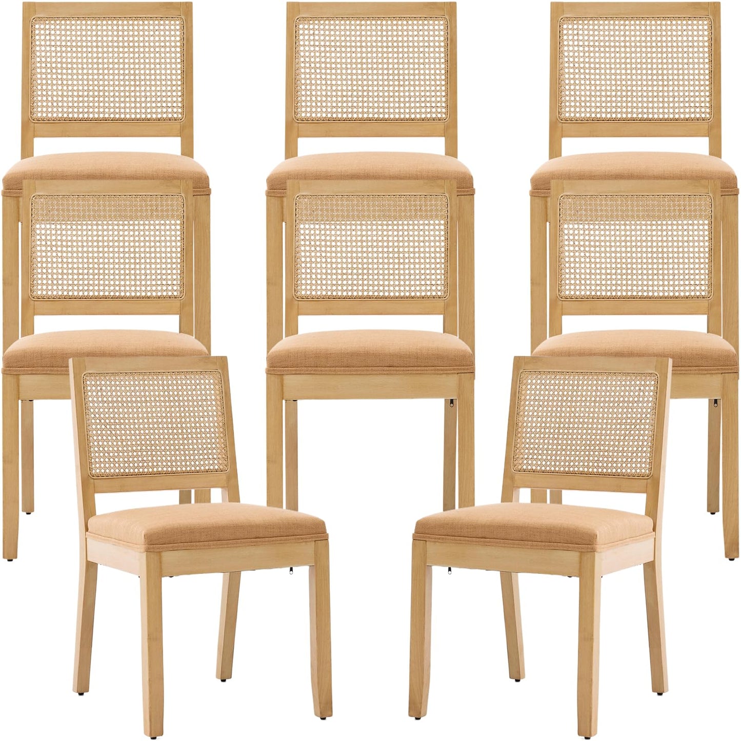 French Country Dining Chairs Set of 6, Ivory Boho Style Woven Back Kitchen Chairs, Linen Upholstered Seats with Wood Legs for Kitchen & Dining Room, Sillas de Comedor (Beige, 6Pcs)