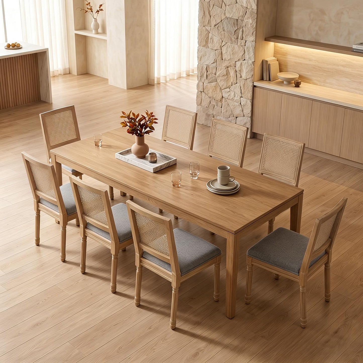 Farmhouse Dining Chairs Set of 4, French Country Woven Kitchen & Dining Room Chairs, Boho Woven Back Linen Upholstered Kitchen Chair, Solid Wood Frame, Sillas de Comedor (Beige, Woven, 4 Pcs)