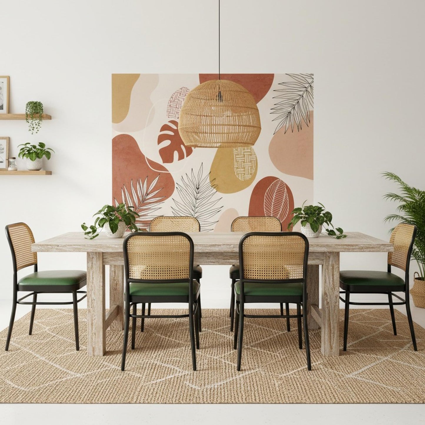 Rattan Dining Chairs Set of 4, Upholstered Faux Leather Dining Chairs with Cane Back, Mid Century Modern Kitchen & Dining Room Chairs, Boho Style, Black