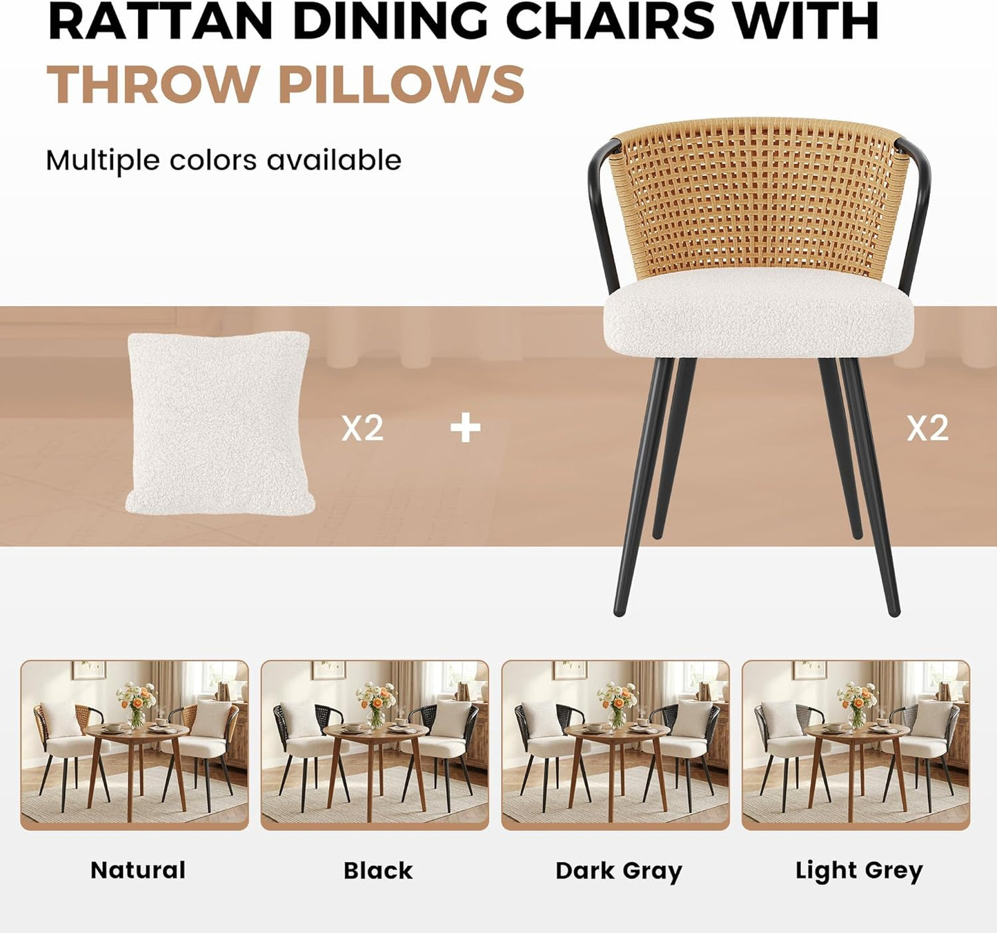Rattan Dining Chairs Set of 2, Upholstered Kitchen Chair with Metal Legs, Ergonomic Curved Backrest, Mid Century Modern Living Room Chairs with Throw Pillow, Natural