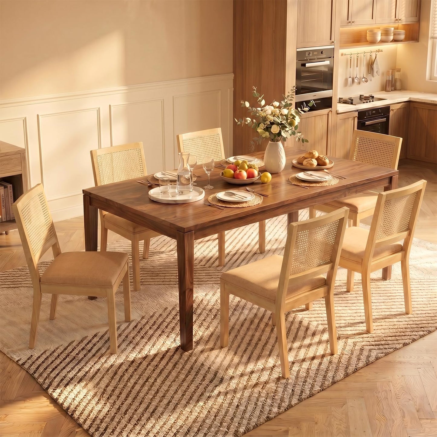 Farmhouse Dining Chairs Set of 4, French Country Woven Kitchen & Dining Room Chairs, Boho Woven Back Linen Upholstered Kitchen Chair, Solid Wood Frame, Sillas de Comedor (Beige, Woven, 4 Pcs)