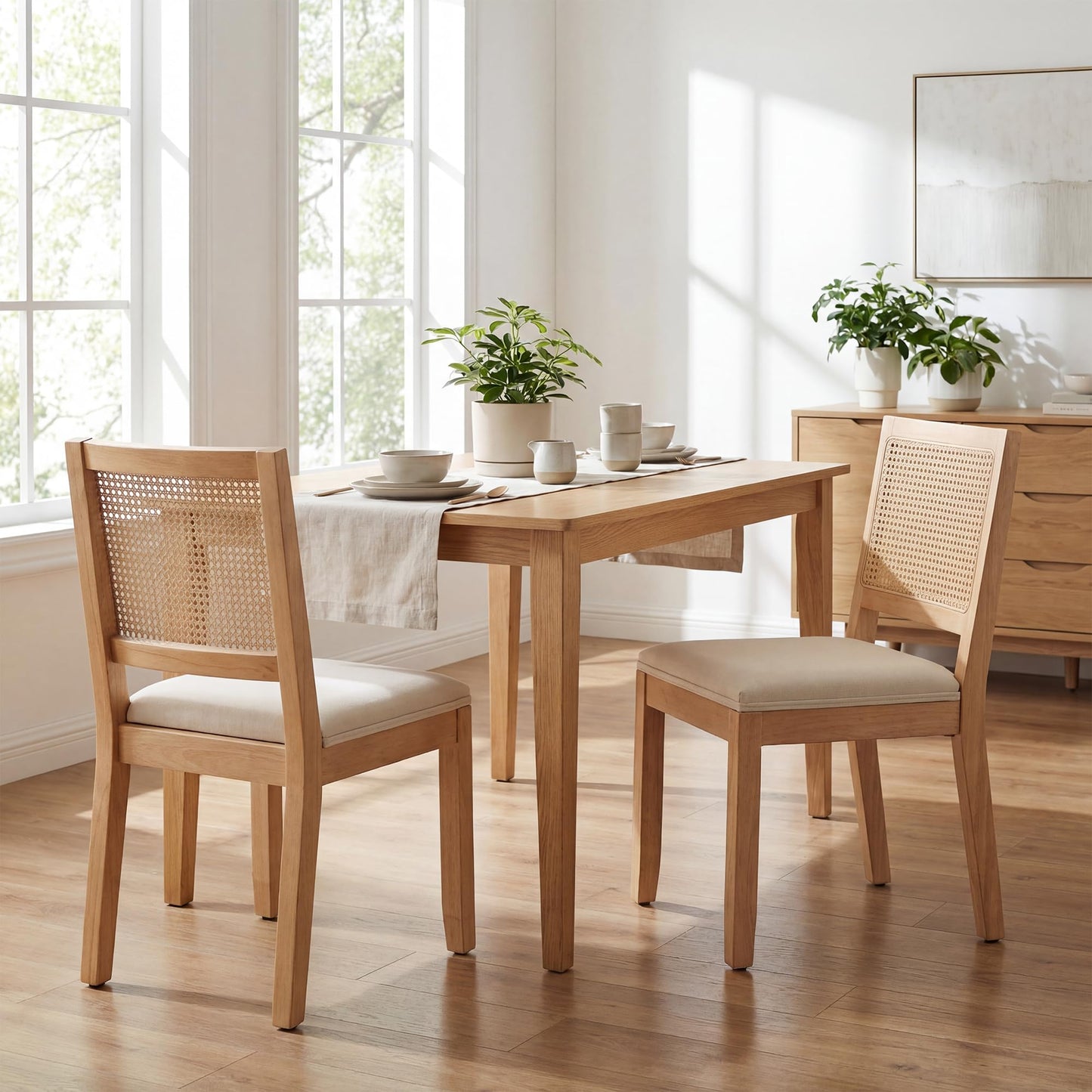 STHOUYN White Rattan Dining Chairs Set of 4 Solid Wood Frame, White Upholstered Seat Kitchen Chairs for Dining Room, Mid Century Modern Farmhouse Style, Comfortable Padded with Natural Finish