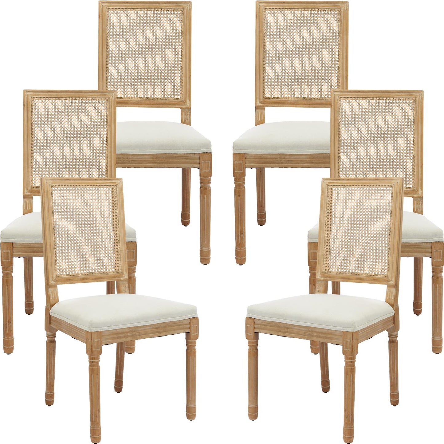 French Country Dining Chairs Set of 6, Ivory Boho Style Woven Back Kitchen Chairs, Linen Upholstered Seats with Wood Legs for Kitchen & Dining Room, Sillas de Comedor (Beige, 6Pcs)