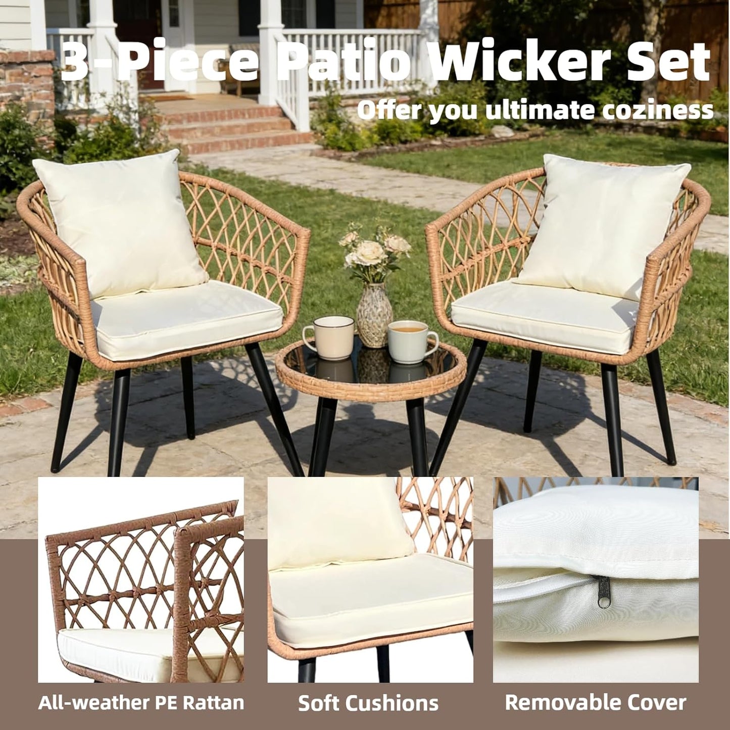 3 Piece Outdoor Bistro Set, All-Weather Wicker Patio Furniture Set, for Backyard, Balcony and Deck with Soft Cushions, Glass Side Table(Beige)