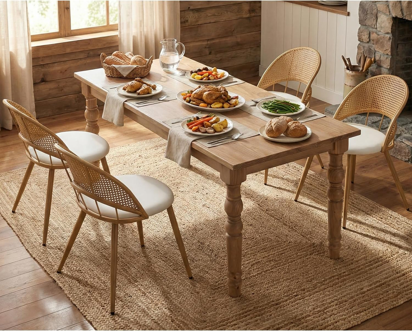 TYBOATLE Rattan Dinner Chairs Set of 4 with Faux Leather Cushion, Modern Dining Room Chairs w/Adjustable Foot Pads, Kitchen Boho Chairs Mid Century Upholstered, White