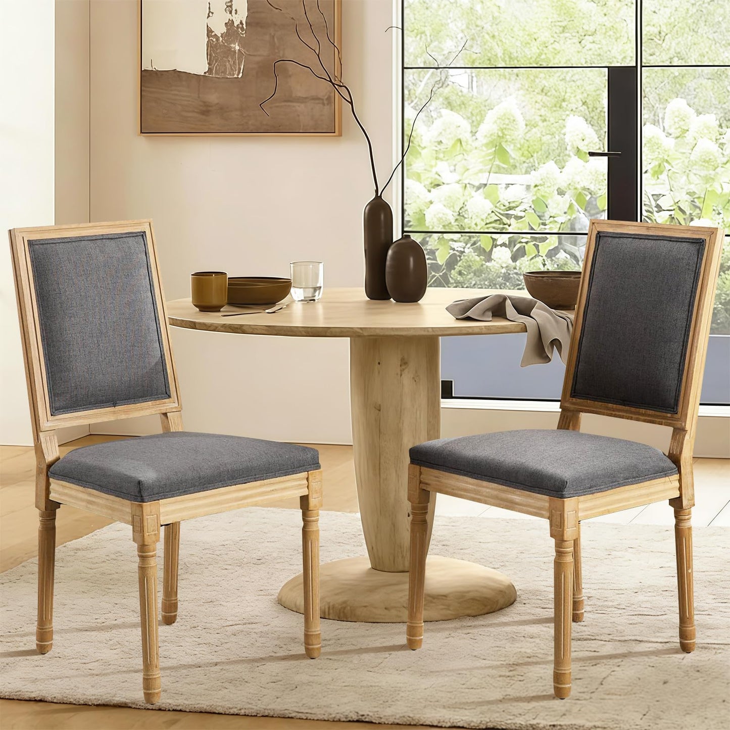 Rattan Dining Chairs Set of 4, French Country Cane Back Upholstered Kitchen Chairs, Solid Wood Farmhouse Side Chairs, Beige