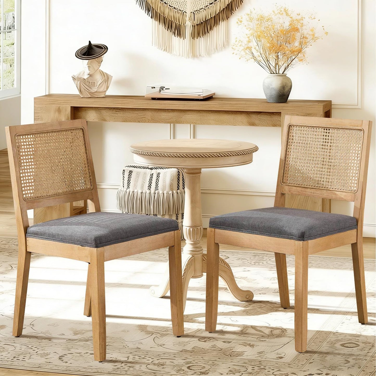 Rattan Dining Chairs Set of 4, French Country Cane Back Upholstered Kitchen Chairs, Solid Wood Farmhouse Side Chairs, Beige