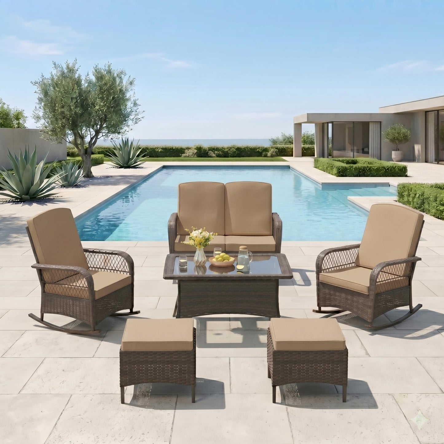 LEVELEVE 3 pcs Rocking Bistro Set Conversation Chairs PE Wicker Outdoor Rocking Chairs(Rocking Set,Sand)