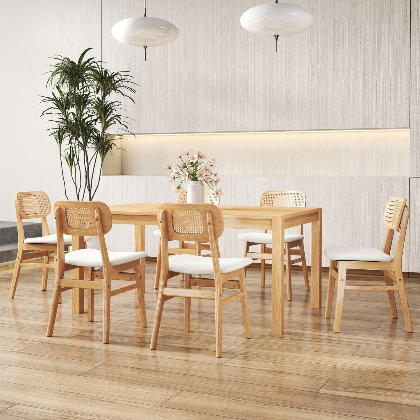 ROCITY Rattan Dining Chairs Set of 2 Beige Linen Fabric Dining Room Chairs Natural Wooden Kitchen Chairs Farmhouse Boho