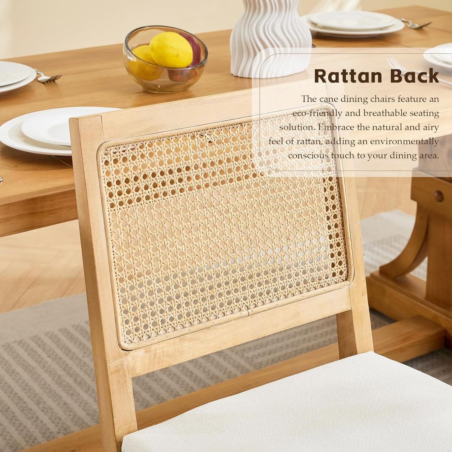 Rattan Dining Chairs Set of 4, French Country Cane Back Upholstered Kitchen Chairs, Solid Wood Farmhouse Side Chairs, Beige