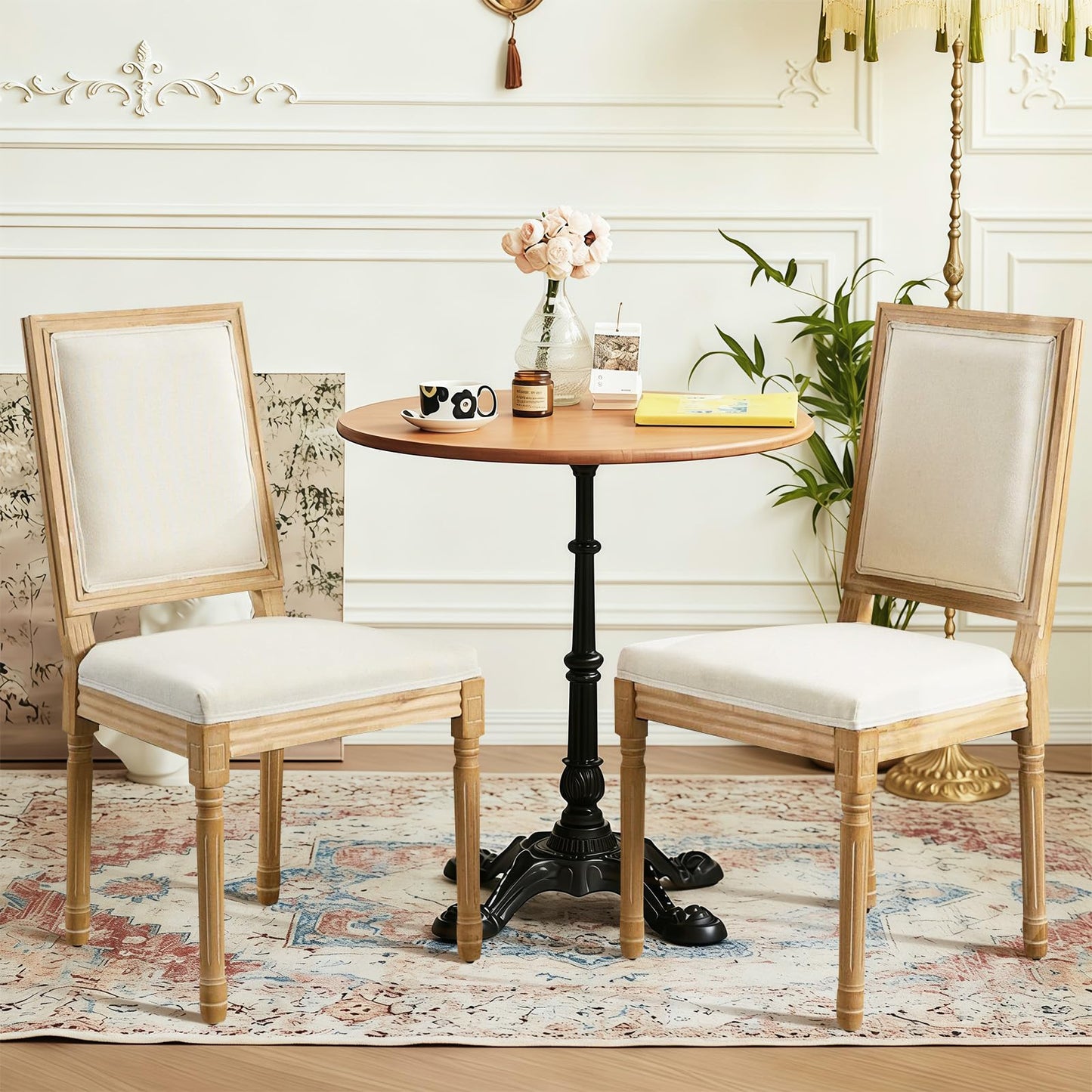 Rattan Dining Chairs Set of 4, French Country Cane Back Upholstered Kitchen Chairs, Solid Wood Farmhouse Side Chairs, Beige