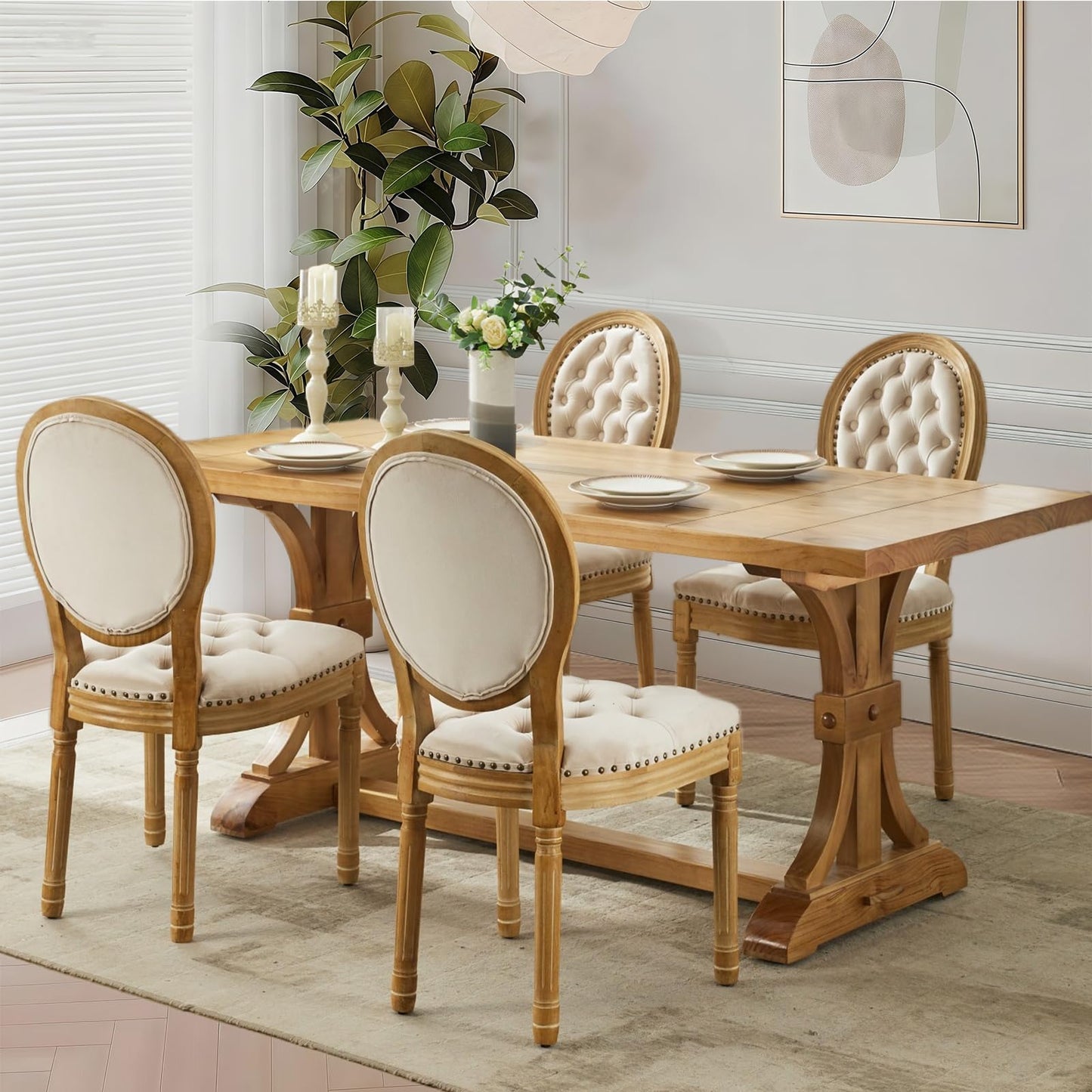 Rattan Dining Chairs Set of 4, French Country Cane Back Upholstered Kitchen Chairs, Solid Wood Farmhouse Side Chairs, Beige