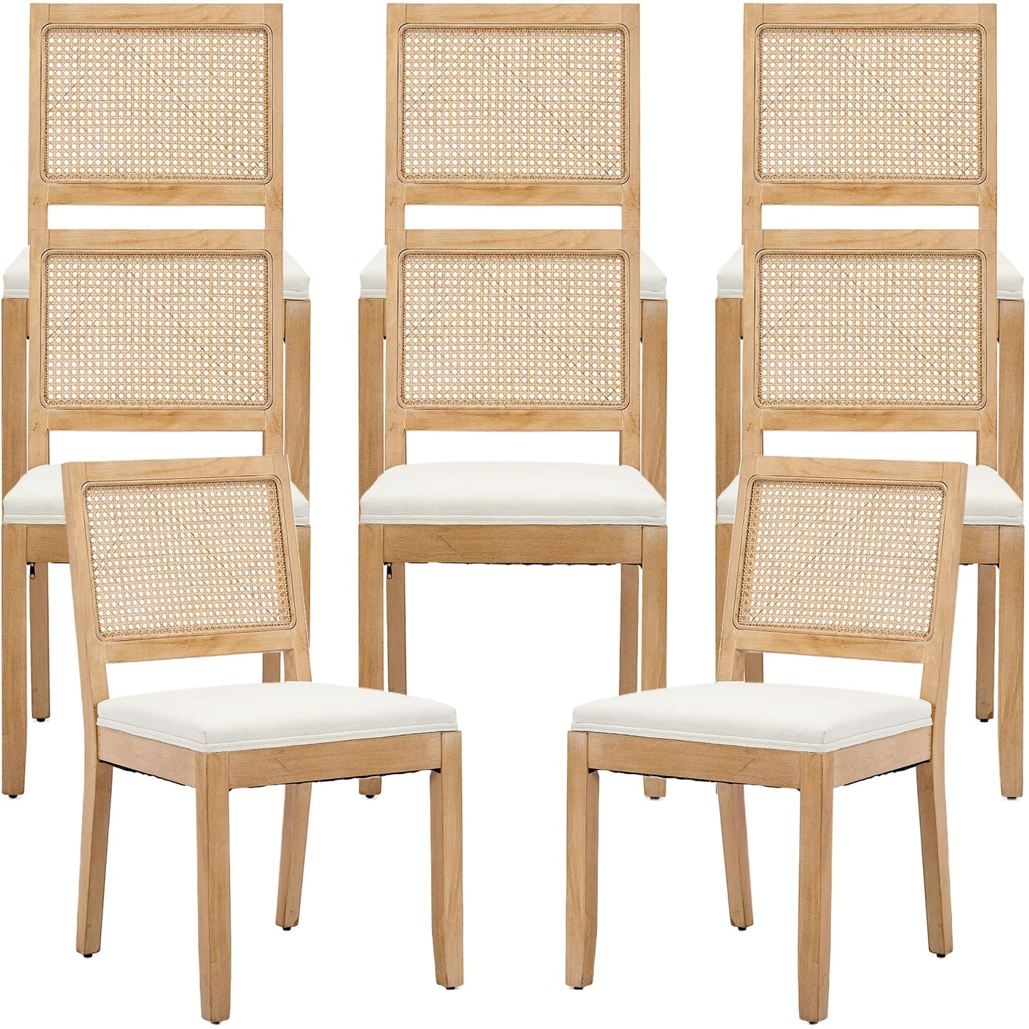 French Country Dining Chairs Set of 6, Ivory Boho Style Woven Back Kitchen Chairs, Linen Upholstered Seats with Wood Legs for Kitchen & Dining Room, Sillas de Comedor (Beige, 6Pcs)