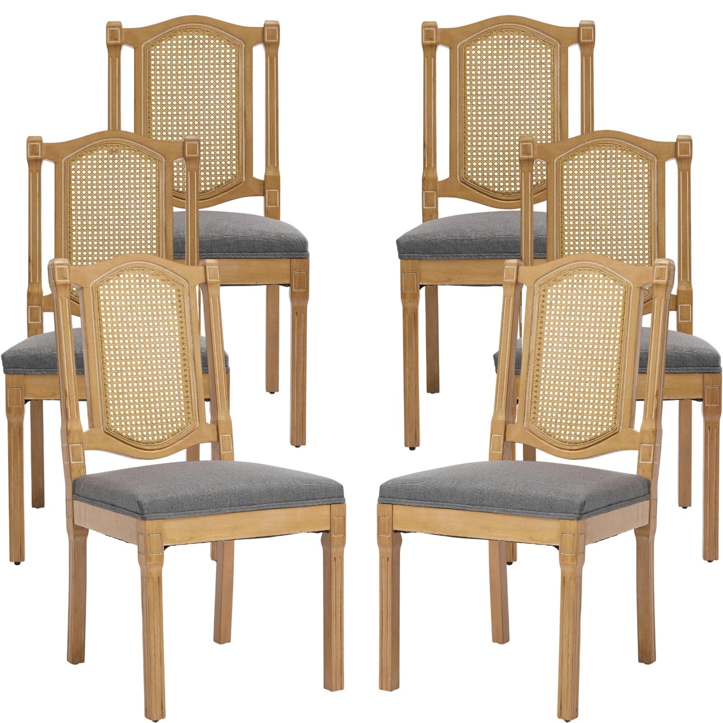 French Country Dining Chairs Set of 6, Ivory Boho Style Woven Back Kitchen Chairs, Linen Upholstered Seats with Wood Legs for Kitchen & Dining Room, Sillas de Comedor (Beige, 6Pcs)