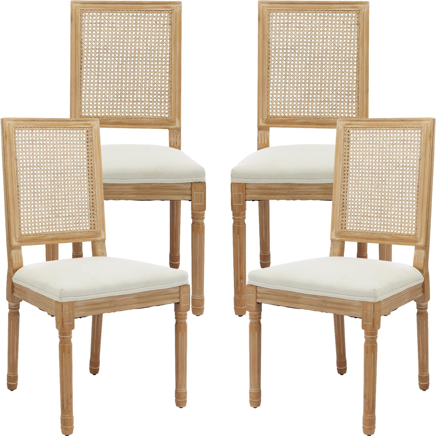 French Country Dining Chairs Set of 6, Ivory Boho Style Woven Back Kitchen Chairs, Linen Upholstered Seats with Wood Legs for Kitchen & Dining Room, Sillas de Comedor (Beige, 6Pcs)