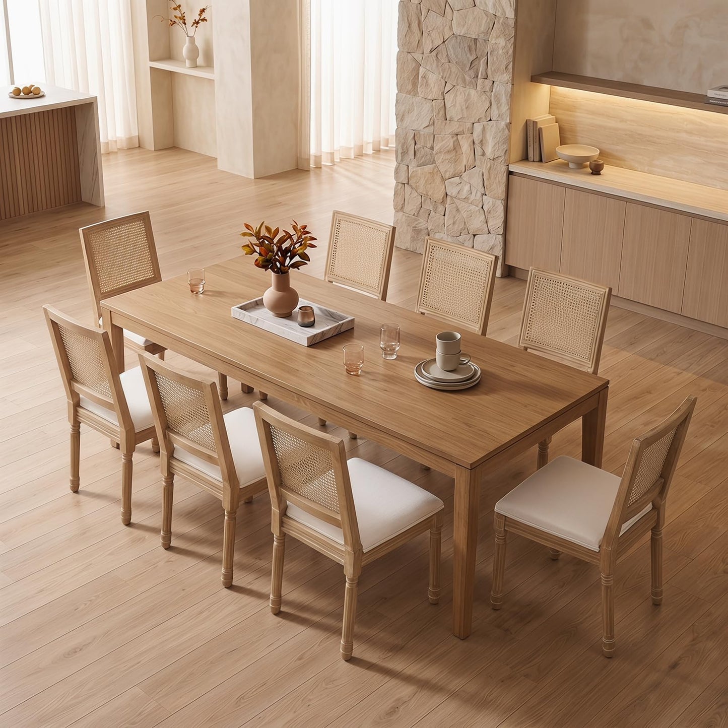 Farmhouse Dining Chairs Set of 6, French Country Rattan Kitchen & Dining Room Chairs, Cane Back Ivory Linen Upholstered Kitchen Chair, Solid Wood Frame, Sillas de Comedor (Beige, Rattan, 6 Pcs)