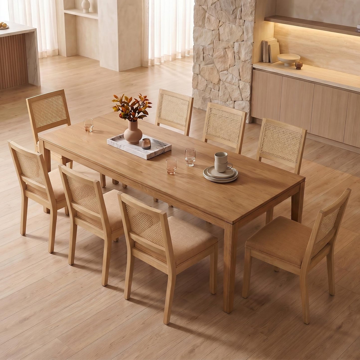 Farmhouse Dining Chairs Set of 6, French Country Rattan Kitchen & Dining Room Chairs, Cane Back Ivory Linen Upholstered Kitchen Chair, Solid Wood Frame, Sillas de Comedor (Beige, Rattan, 6 Pcs)