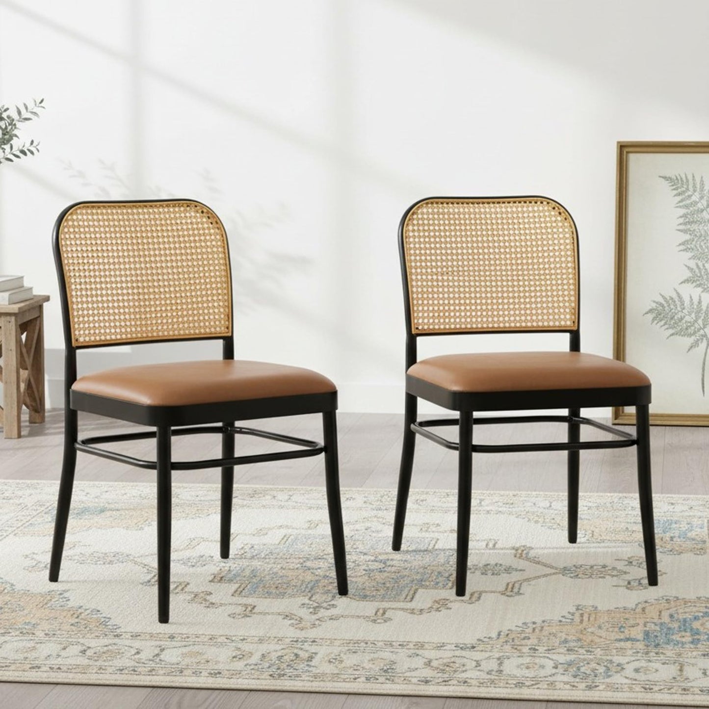 Rattan Dining Chairs Set of 4, Upholstered Faux Leather Dining Chairs with Cane Back, Mid Century Modern Kitchen & Dining Room Chairs, Boho Style, Black