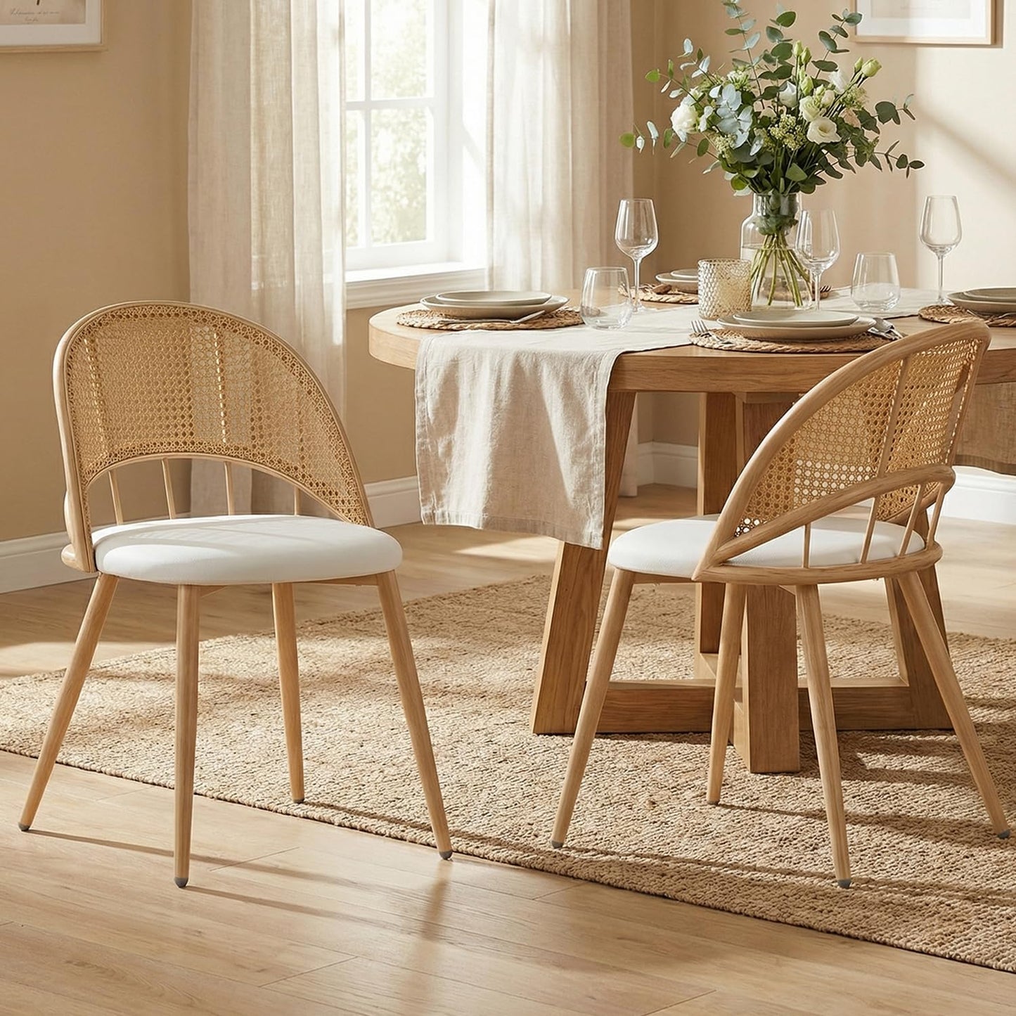 TYBOATLE Rattan Dinner Chairs Set of 4 with Faux Leather Cushion, Modern Dining Room Chairs w/Adjustable Foot Pads, Kitchen Boho Chairs Mid Century Upholstered, White