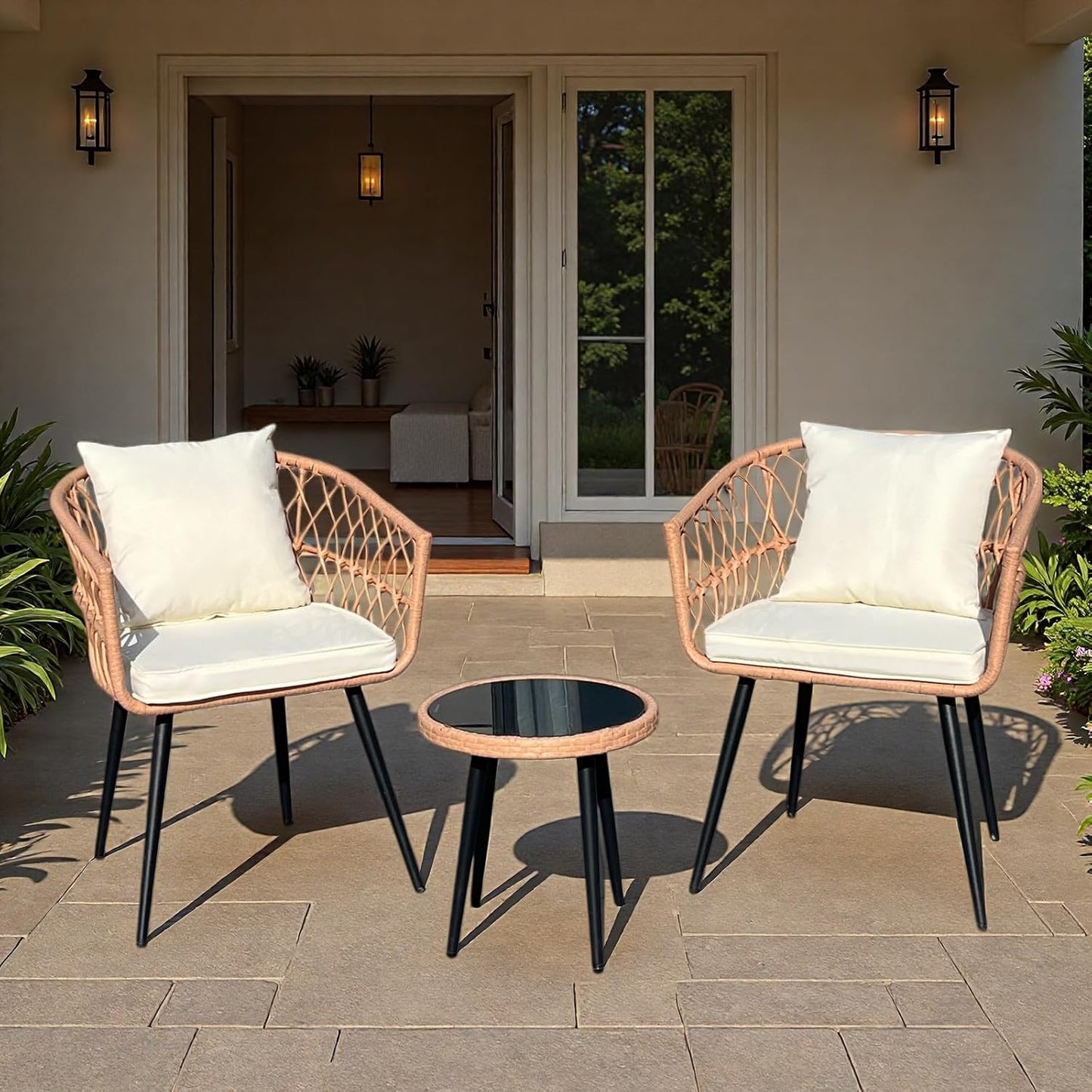 3 Piece Outdoor Bistro Set, All-Weather Wicker Patio Furniture Set, for Backyard, Balcony and Deck with Soft Cushions, Glass Side Table(Beige)