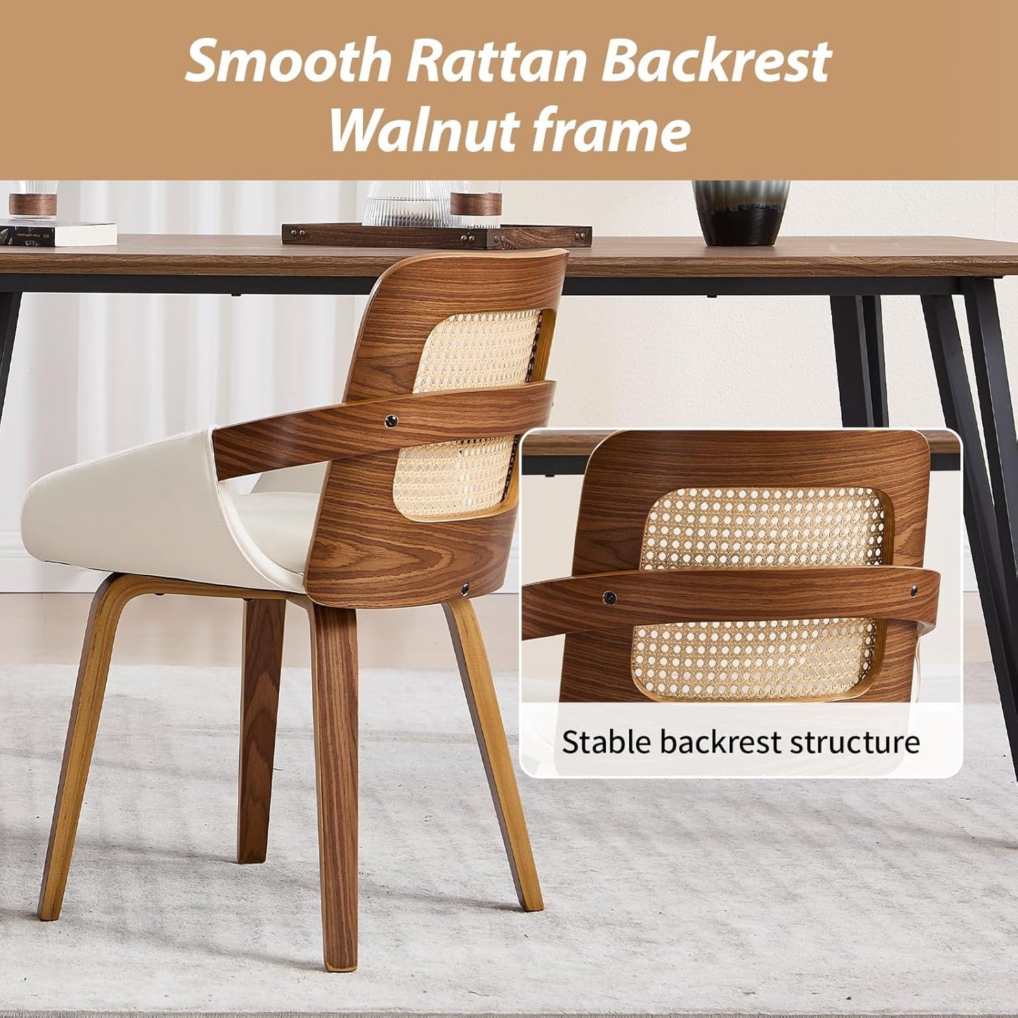 VipDesk Dining Chairs Set of 2, Mid Century Modern Dining Room Chairs with Arms and Rattan Back PU Leather Upholstered Bentwood Kitchen Chairs for Home Restaurant Office - Beige