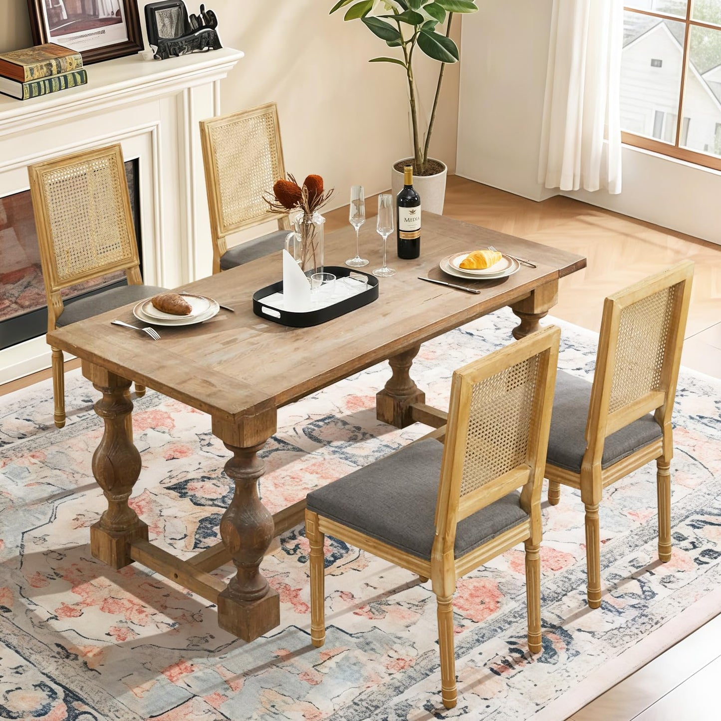 Rattan Dining Chairs Set of 4, French Country Cane Back Upholstered Kitchen Chairs, Solid Wood Farmhouse Side Chairs, Beige